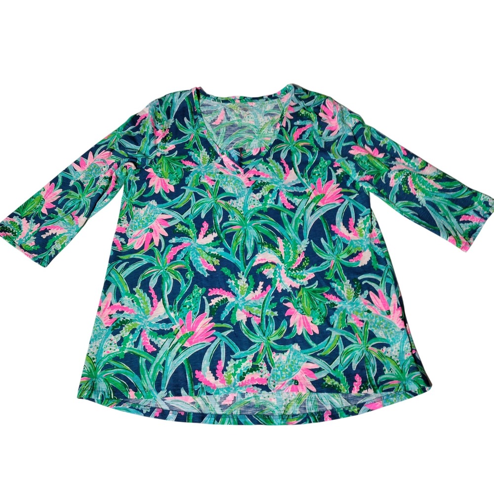 Lilly Pulitzer Womens 100% Cotton 3/4 Sleeve V-Neck Etta Sweet Escape Top L